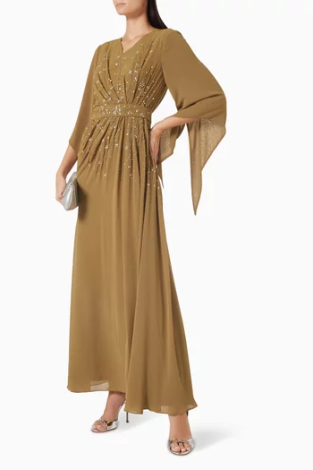 فستان بحزام وتطريزات بالخرز شيفون