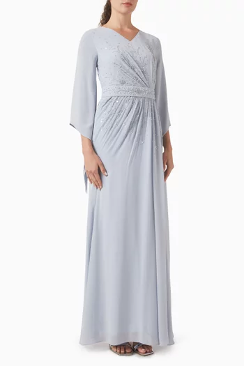 فستان بحزام وتطريزات بالخرز شيفون