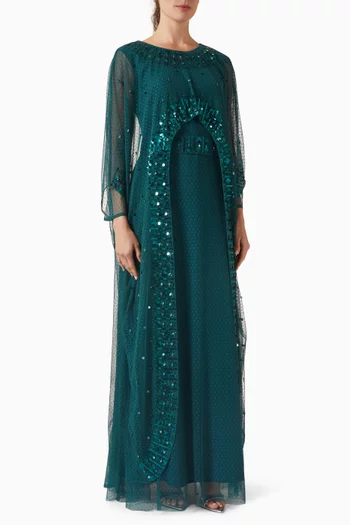 فستان بحزام وتطريزات بالترتر تول