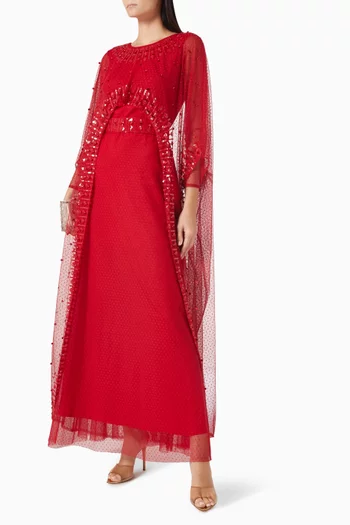 فستان بحزام وتطريزات بالترتر تول