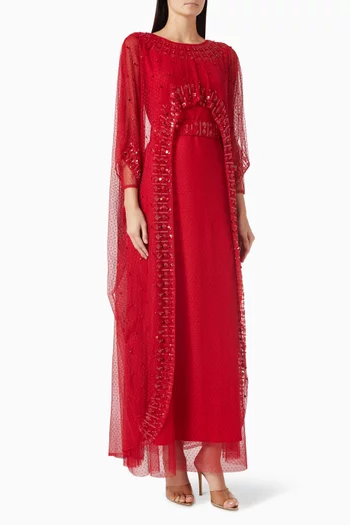 فستان بحزام وتطريزات بالترتر تول