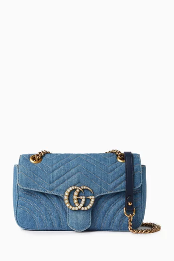 Small Pearl GG Marmont Shoulder Bag in Matelassé Denim