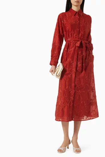 فستان متوسط الطول بنمط قميص مزين بتطريزات