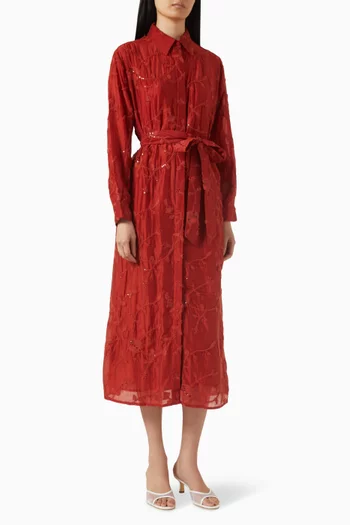 فستان متوسط الطول بنمط قميص مزين بتطريزات