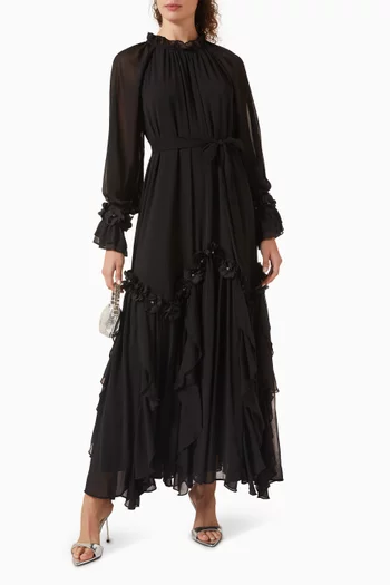 Floral-applique Belted Dress