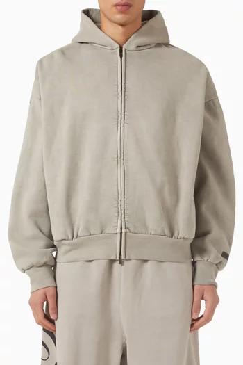 كنزة بغطاء رأس كلاسيكية بسحّاب كامل وتطريز صوف قطني