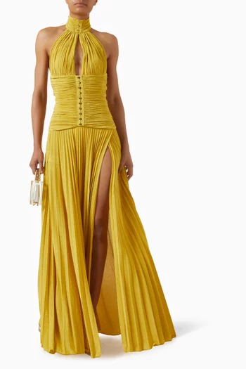 Halterneck Slit Gown in Lamé Jersey