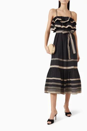 فستان لوسيان متوسط الطول برباط على الخصر قطن بوبلين