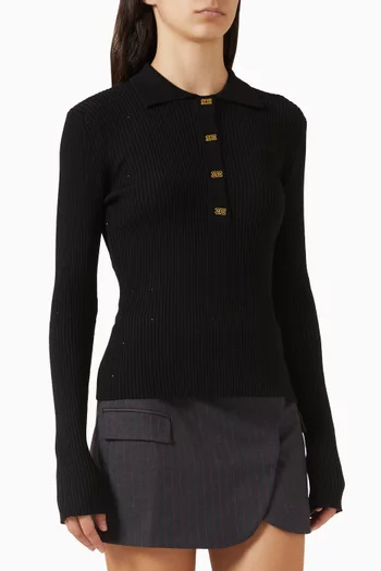 Fine Sequin-embellished Polo Top in Wool Blend