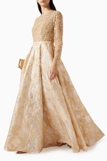 Bead-embellished Brocade Gown in Mesh