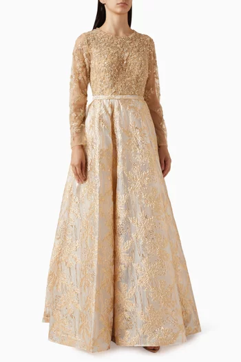Bead-embellished Brocade Gown in Mesh