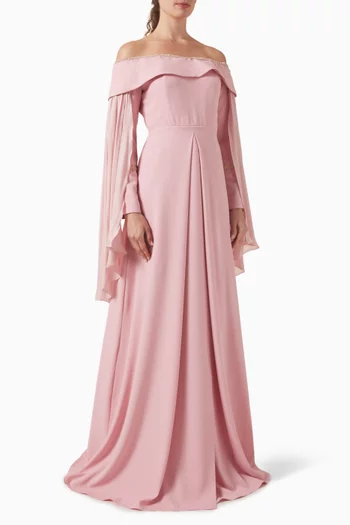 فستان سهرة بأكتاف مكشوفة كريب وشيفون