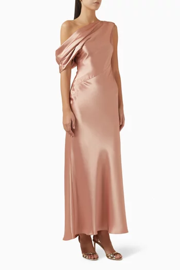 Draped Shoulder Maxi Dress in Satin
