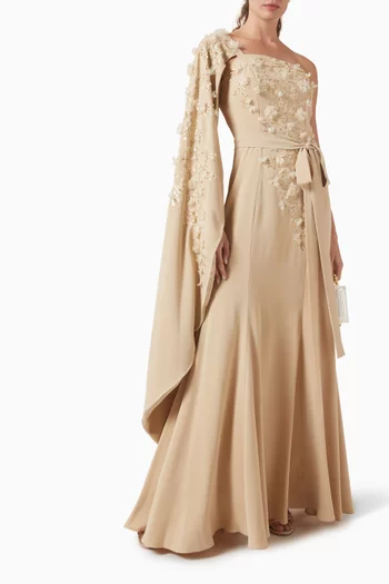 Embellished Belted Gown in Crepe & Tulle
