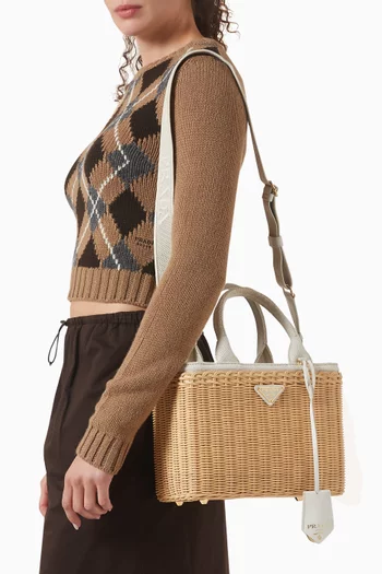 حقيبة يد متوسطة خوص وكتان