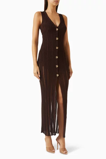 فستان بيوت طويل منسوج بفتحة رقبة شكل حرف V