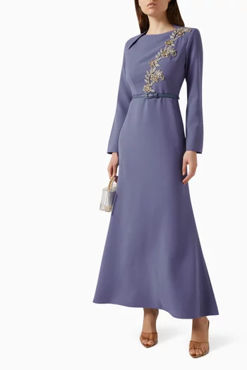 Bead-embellished Belted Dress in Crepe