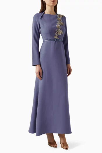 Bead-embellished Belted Dress in Crepe