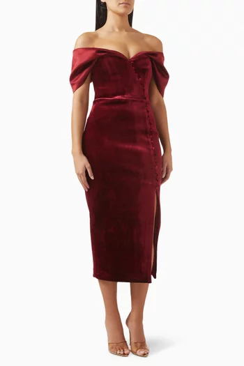 Noelle Bardot Dress in Velvet Satin