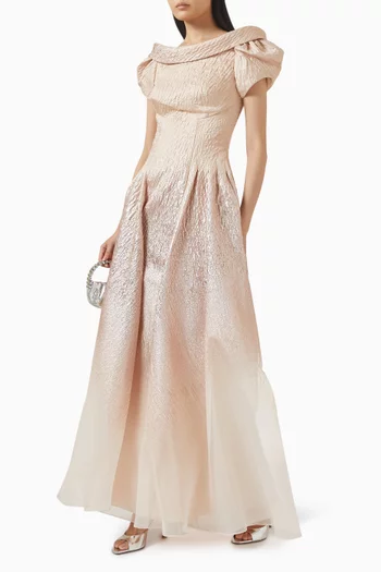 فستان طويل بأكمام منفوخة جاكار