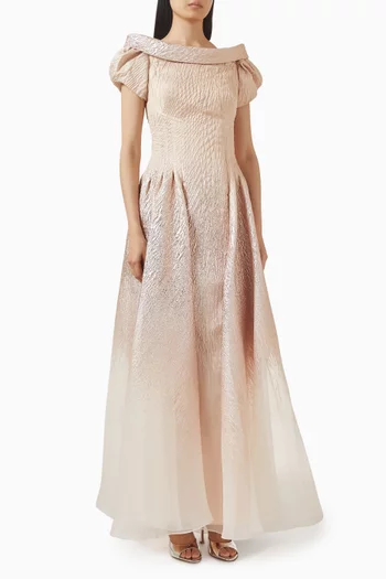 فستان طويل بأكمام منفوخة جاكار