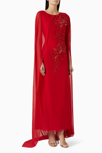 Bead-embellished Cape Dress in Chiffon