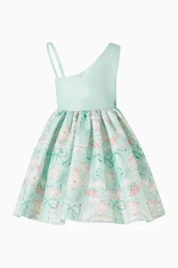 فستان بفتحة رقبة بكتف مكشوف وزهرة بارزة