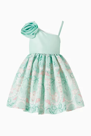 فستان بفتحة رقبة بكتف مكشوف وزهرة بارزة