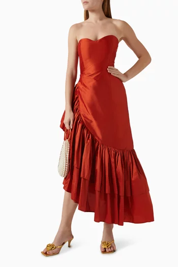 Peacock Ruffle-hem Maxi Dress in Taffeta