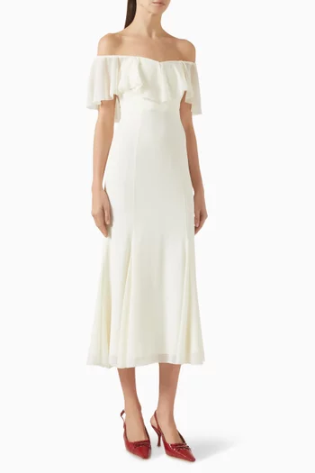 فستان شاري متوسط الطول بأكتاف مكشوفة