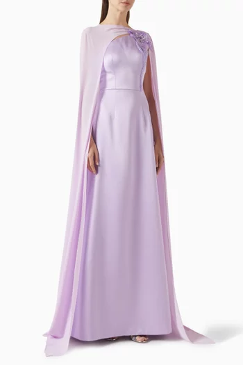 Embellished Cape Gown in Taffeta Mikado