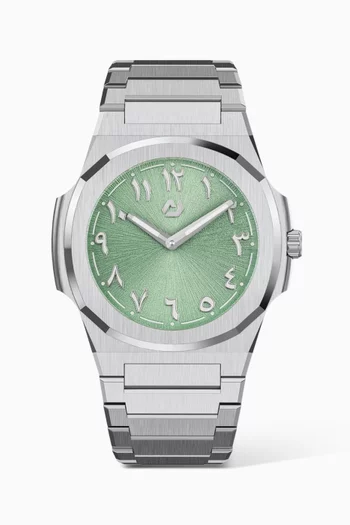 MS Matcha - Silver 316L Stainless Steel 38mm Case, Sapphire Crystal Anti-Scratch Glass, Steel Bracelet, WR 50M, Miyota Cal.GL20, Swiss Luminous Hands, Green Strap, Guilloche Dial, Arabic Markers:SILVER:One Size|219246064