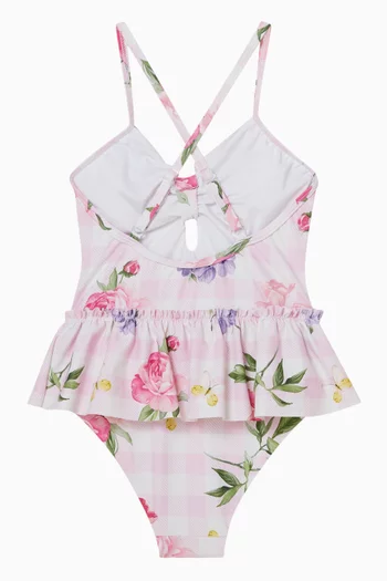 لباس سباحة قطعة واحدة بنقشة مربعات غينغهام وزهور