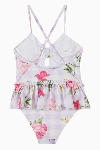 لباس سباحة قطعة واحدة بنقشة مربعات غينغهام وزهور