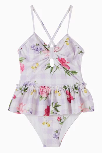 لباس سباحة قطعة واحدة بنقشة مربعات غينغهام وزهور