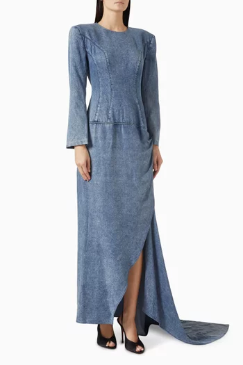 Asymmetric Train Dress in Denim