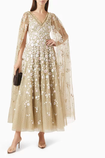 فستان ايثيريال بأكمام بنمط كاب ومطرز بزهور وطول الكاحل