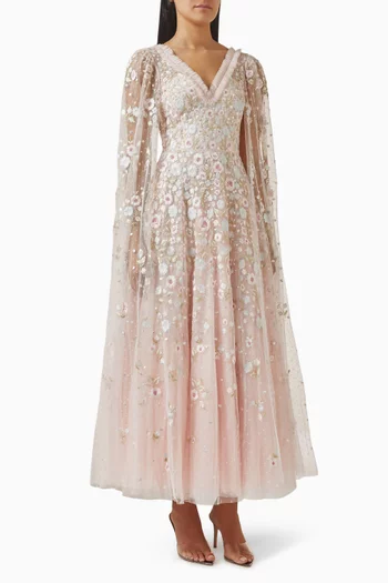 فستان ايثيريال بأكمام بنمط كاب ومطرز بزهور وطول الكاحل