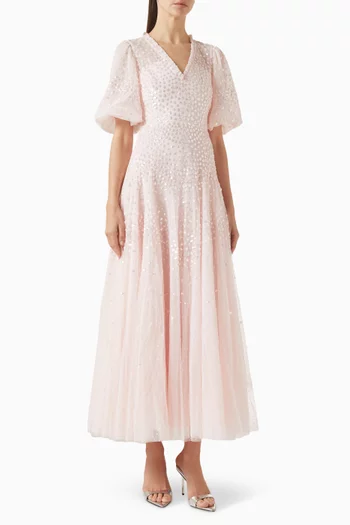 فستان سكالوب بطول الكاحل ومطرز بالترتر