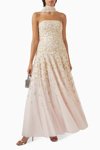 Lea Ditsy Strapless Cape Gown