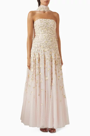 Lea Ditsy Strapless Cape Gown