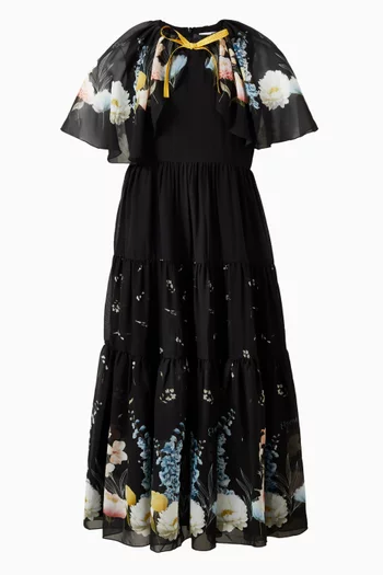 Flower-print Cape Maxi Dress