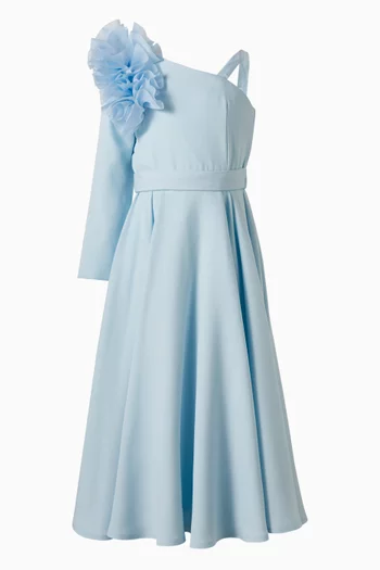 فستان طويل بقصة واسعة بزهور بارزة