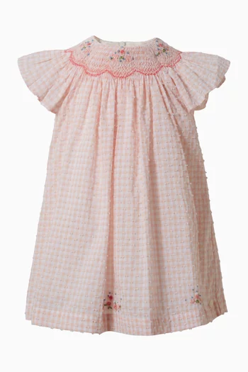 Floral-embroidered Gingham Dress in Plumetis Cotton