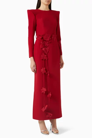 3D Floral-applique Belted Dress