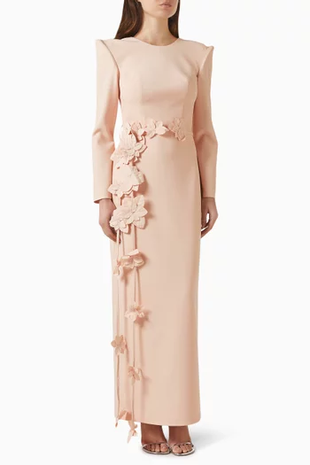 3D Floral-applique Belted Dress