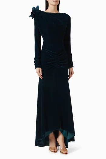 Ruched 3D Floral-applique Dress in Velvet