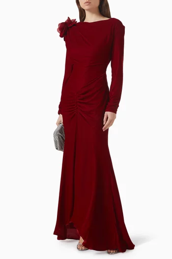 Ruched 3D Floral-applique Dress