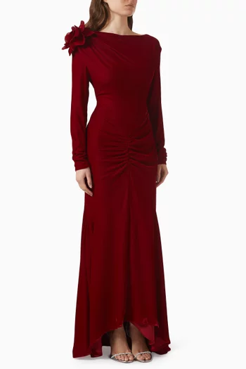 Ruched 3D Floral-applique Dress