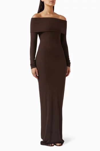 فستان طويل بأكتاف مكشوفة مزيج رايون